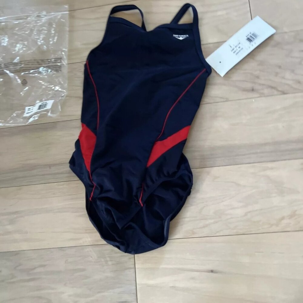The Finals Youth Girls Splice Butterfly Back 1pc Swimsuit Navy Red - Size 26